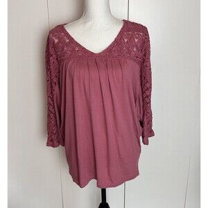 Garnet Hill 3/4 sleeve top size S Crochet Paisley Cotton Modal Mauve Color